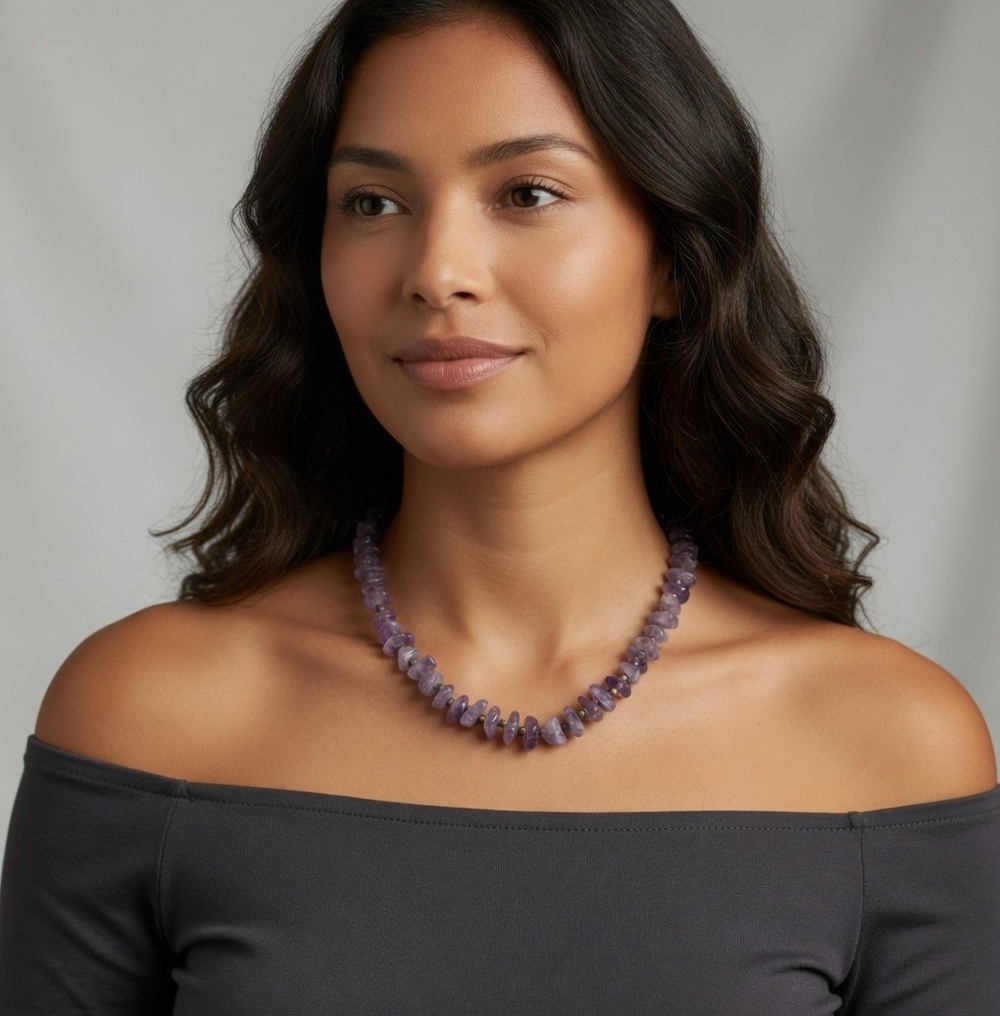 Natural Amethyst Nugget Purple Beaded Necklace Gemstone Jewelry 18" NWOT